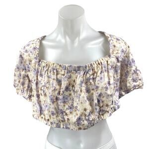 H&M Multicolor Floral Linen Short Puff Sleeve Tie Back Crop Blouse Top Size L